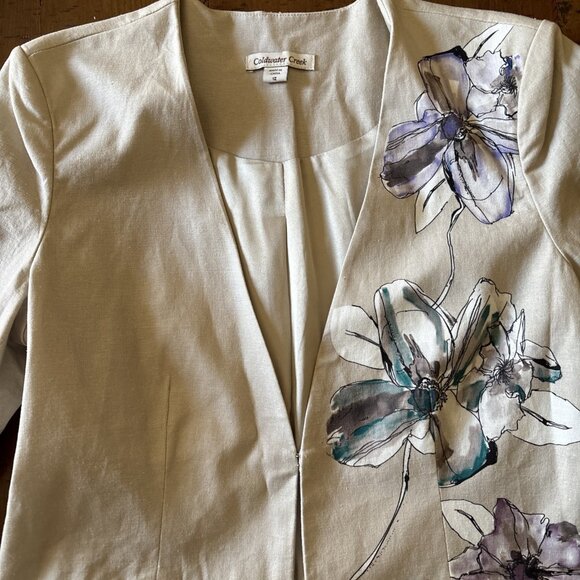 Coldwater Creek Tan Linen Blend Blazer Floral Size 12 - Picture 5 of 8